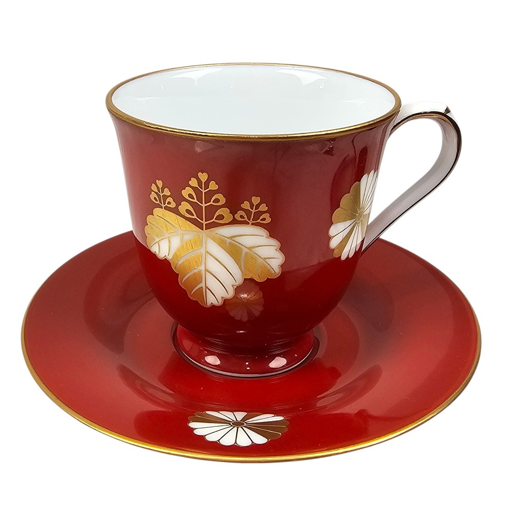 Noritake Danbury Mint Red Gold Floral Crest Bone China Tea Cup and Saucer Set - Picture 1 of 9